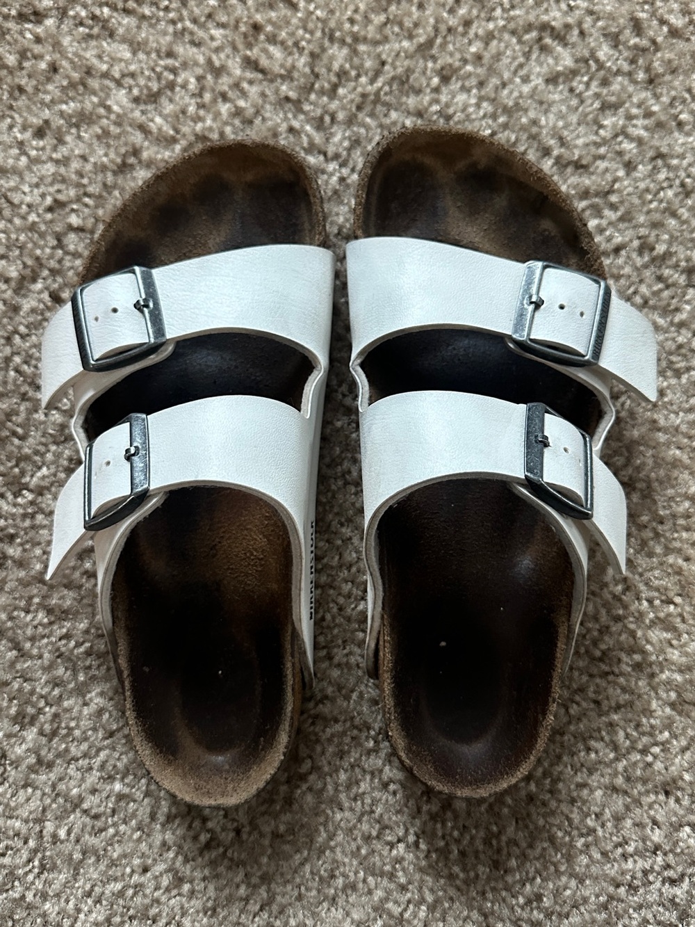Birkenstock White Arizona Double-Strap Sandals with Silver Buckles